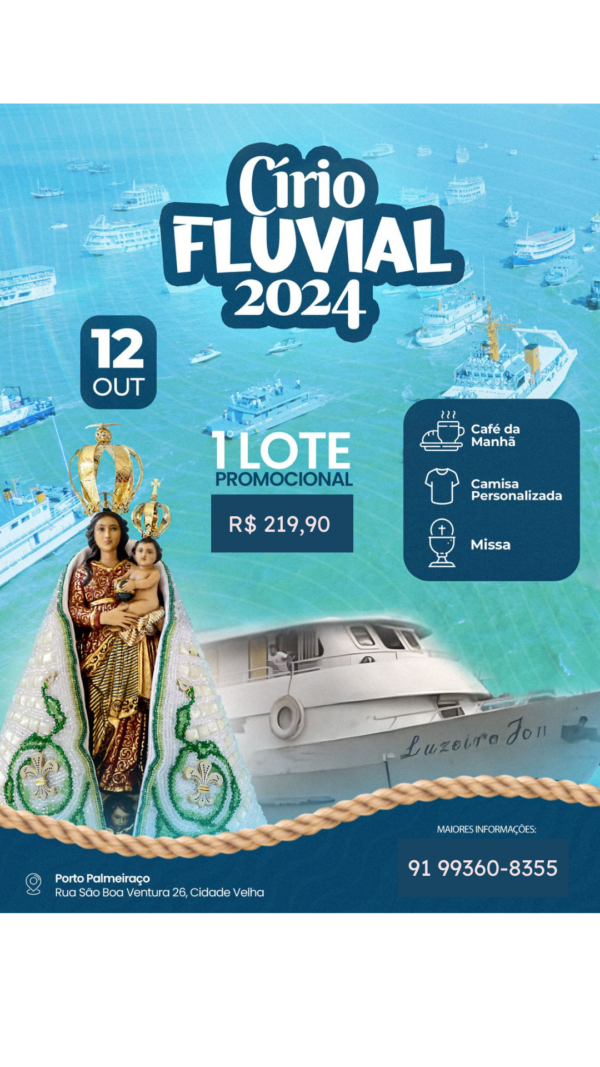 ### 🚢 *Navio Luzeiro JC* ⏰ *Horário de saída:* 07:10 📍 *Local de embarque:* Posto Palmeiraço – Cidade Velha, Belém - PA, 66912-230 🎉 Perfeito para quem quer aproveitar os *ritos religiosos* e se divertir com amigos e família. 🍽️ *Café da manhã incluído* para todos os passageiros. 🌇 Além disso, você ainda terá um *passeio pela orla da cidade*, curtindo a vista e o clima festivo. ❌ *Não inclui bolsa personalizada.* ⚠️ *Garanta sua passagem agora* e viva essa experiência única! Mais informações em: [www.ciriofluvial.com.br](http://www.ciriofluvial.com.br)